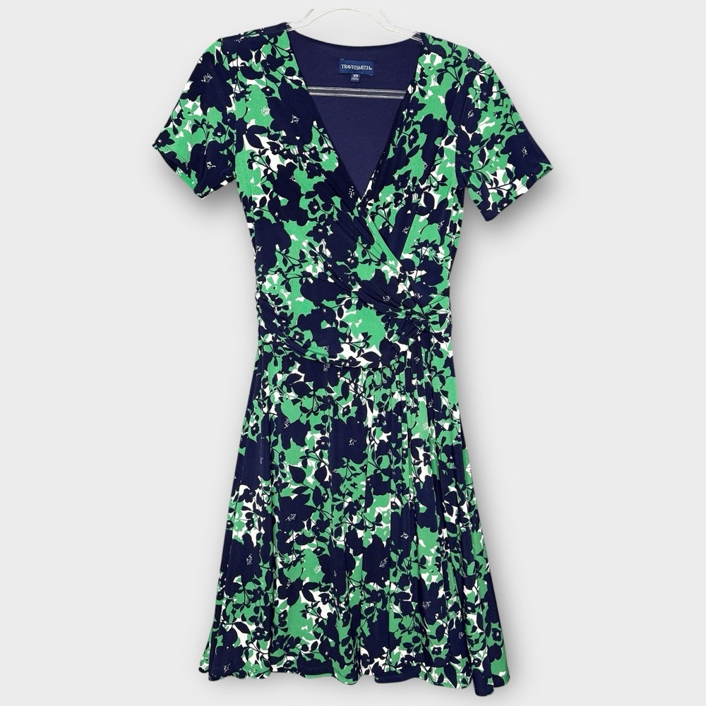 Travel Smith Dress Size XS Navy Green Floral Career Knee Length Wrap Top Women's